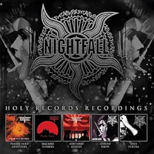 CD cover for "Nightfall - Holy Records Recordings" with gothic imagery.