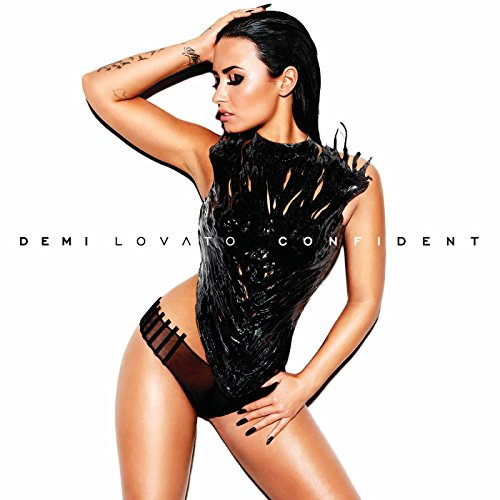 Demi Lovato album cover, “Confident,” featuring artist in black bodysuit.