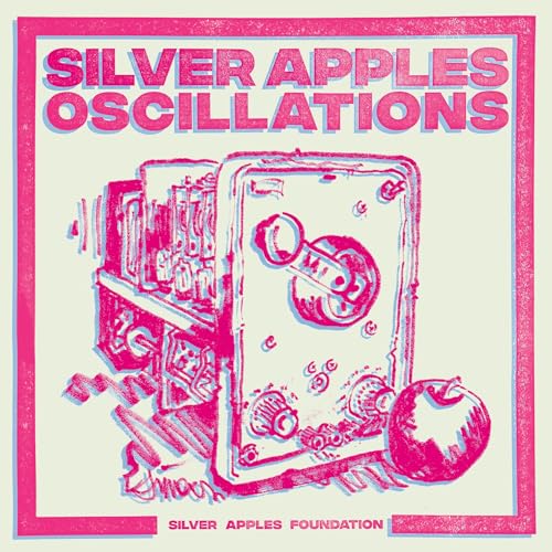 Pink and blue album cover for Silver Apples featuring electronic equipment and an apple.