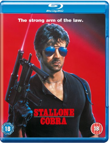 Blu-ray cover for "Cobra" featuring Sylvester Stallone in sunglasses with a gun.