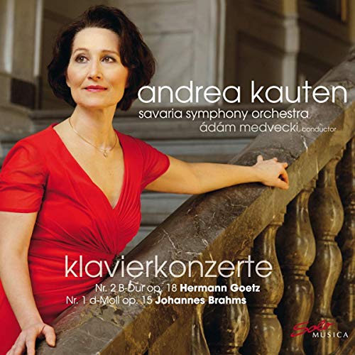 CD cover featuring pianist Andrea Kauten in a red dress, leaning on a railing.