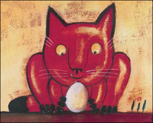 Red cartoon cat with yellow eyes guarding a white egg.