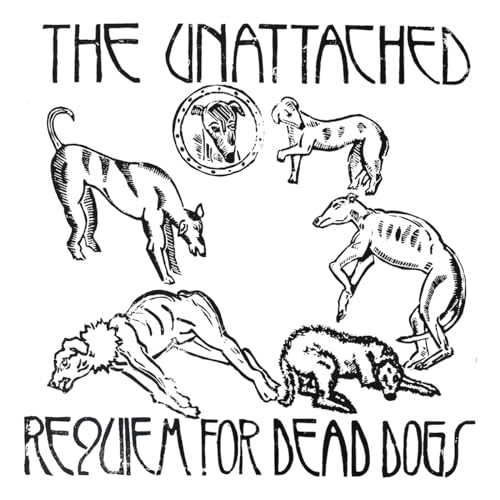 Black and white illustration of dogs, album cover for "Requiem For Dead Dogs".