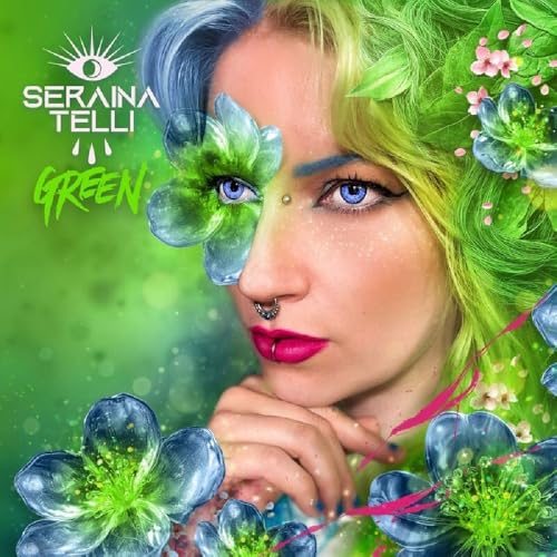 Close-up of Seraina Telli with green and blue hair, floral imagery.