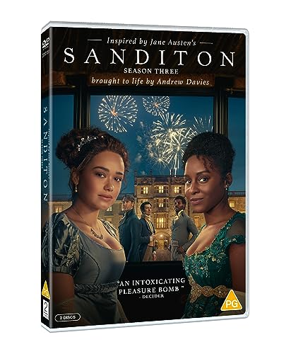 DVD cover for Sanditon Season Three featuring two women in period clothing before fireworks.