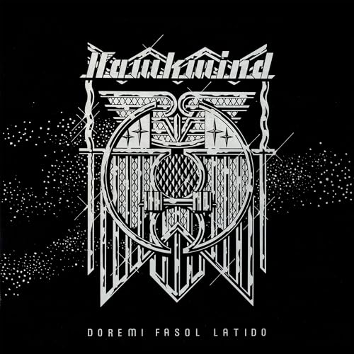 Hawkwind album cover: ornate silver design on a black background.