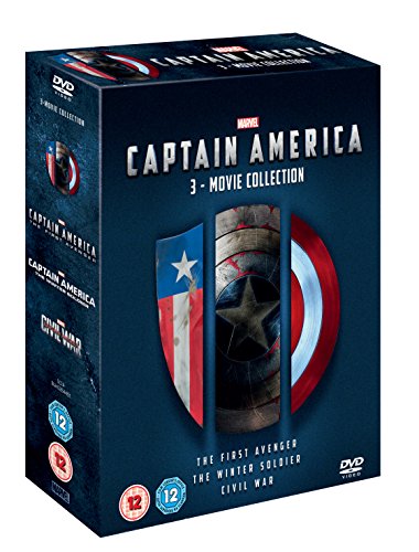 Captain America 3-movie DVD collection with shield imagery, dark blue cover.