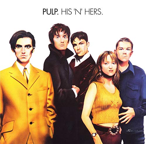 Pulp band members posed in formal wear on album cover.
