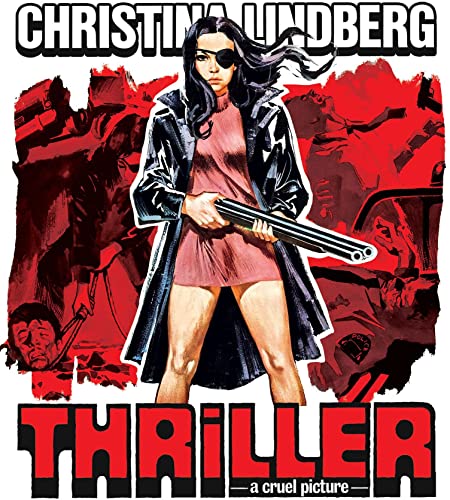 Woman with an eyepatch holding a shotgun on a red background.