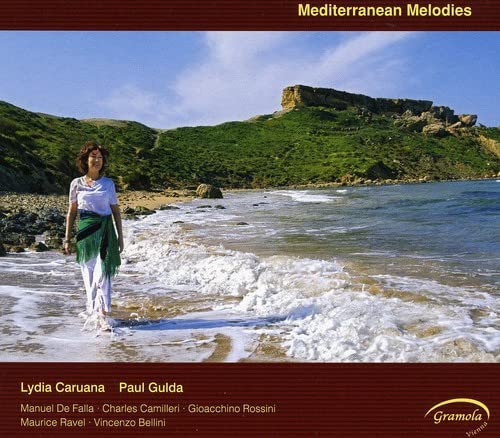 CD cover: woman on beach, mountainous landscape, "Mediterranean Arias" text.