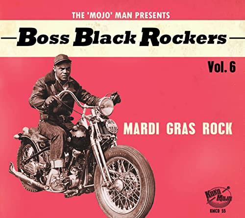CD cover: Man on a motorcycle, red background, text “Boss Black Rockers.”