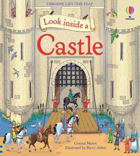 Castle illustration from a children’s lift-the-flap book, with figures and birds.