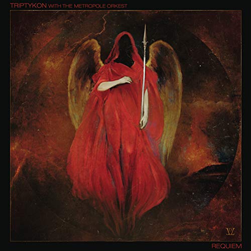 Red-robed figure with wings and spear, dark and dramatic album artwork.
