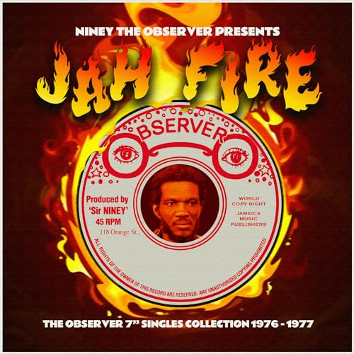 Reggae compilation album cover with flames, a portrait, and record label design.