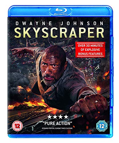 Skyscraper" Blu-ray cover featuring Dwayne Johnson reaching forward amidst flames.