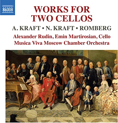 CD cover for “Works for Two Cellos” featuring a classical painting.