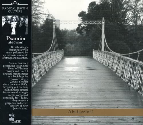 CD cover featuring a bridge and group portrait, titled "Psamim - Abi Gezint!".