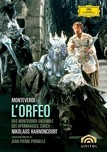 DVD cover for Monteverdi’s *L’Orfeo* featuring armored figures and a singer.