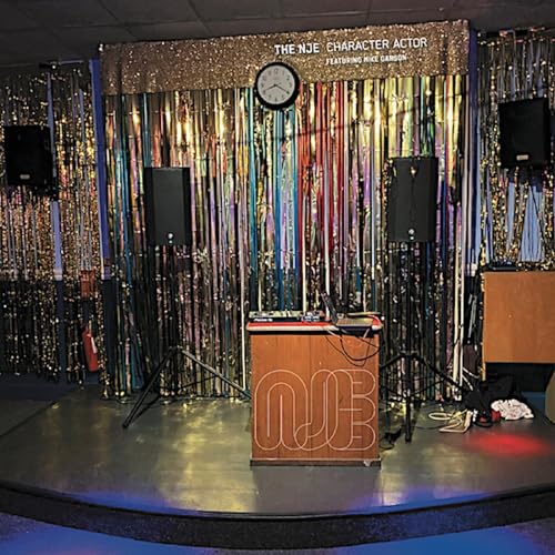 Stage setup with DJ equipment, speakers, and metallic fringe backdrop.