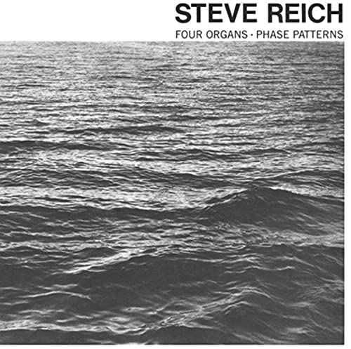 Steve Reich album cover: grayscale ocean waves with text overlay.