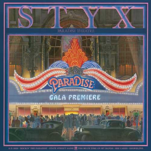 Styx album cover: a brightly lit theater facade with arriving cars.