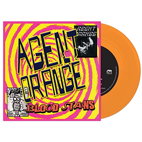 Agent Orange "Bloodstains" vinyl record with orange disc and colorful cover.
