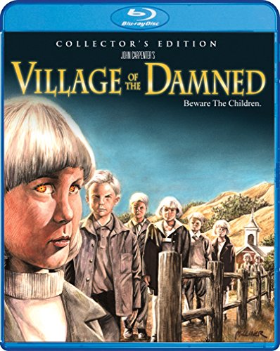 Village Of The Damned" Blu-ray cover featuring pale children with intense stares.