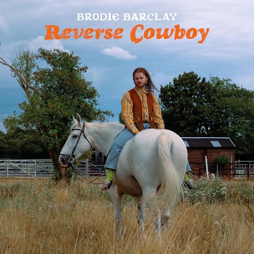 Man on a white horse in a field, album cover art.