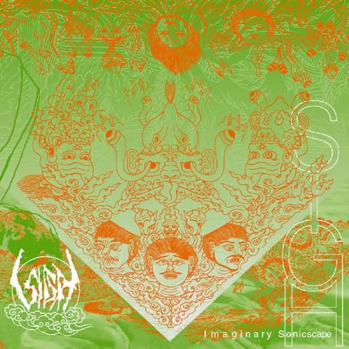 Green and orange abstract art with faces and the word "Sigh.