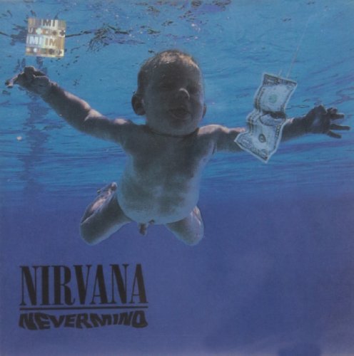 A baby swims underwater toward a dollar bill on a hook with Nirvana text.