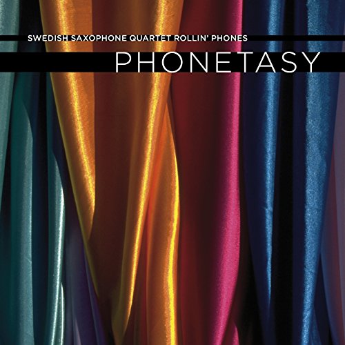 CD cover for “Rollin’ Phones” by Swedish Saxophone Quartet, colorful fabric.