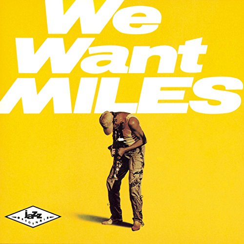 Miles Davis playing trumpet on a bright yellow background with large white text.