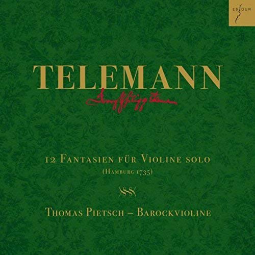 CD cover for Telemann’s 12 Fantasias, green textured background, gold text.