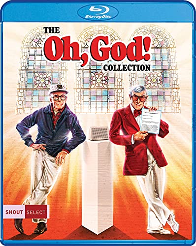 “Oh, God!” Blu-ray cover featuring two men in front of a stained-glass window.