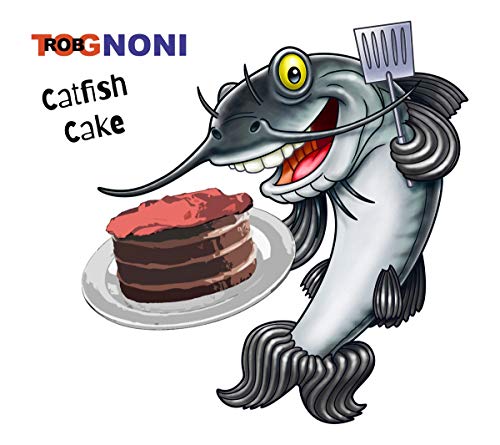 Cartoon catfish holding a spatula and presenting a chocolate cake.