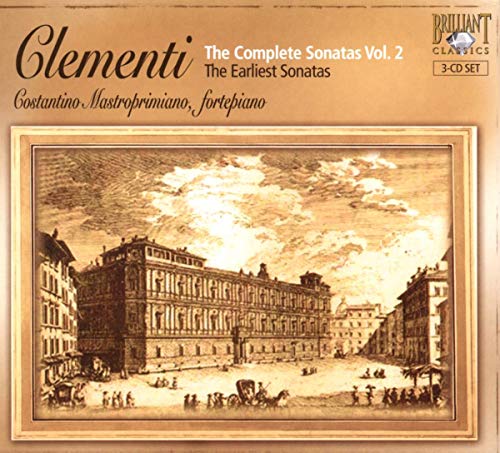 CD cover for Clementi’s early sonatas featuring a classical building scene.