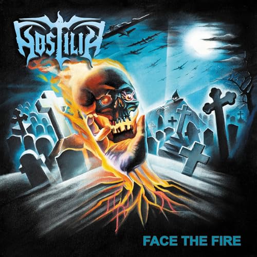 Hostilia album cover: skull engulfed in flames over a graveyard scene.
