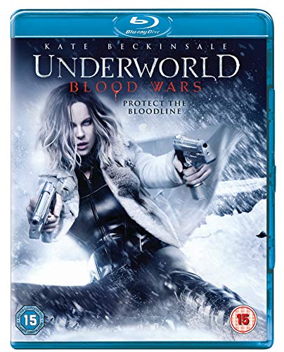 Kate Beckinsale holding two pistols on the cover of the Underworld: Blood Wars Blu-ray.