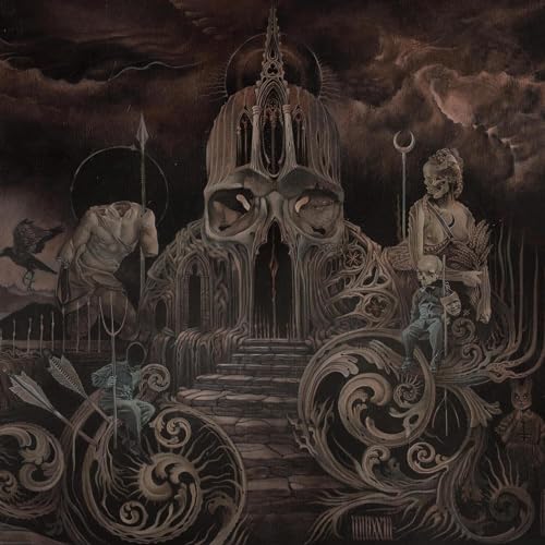 Dark, detailed illustration of a skull-shaped building with figures.