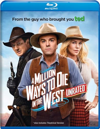 A Million Ways to Die in the West" Blu-ray cover with three people in Western attire.