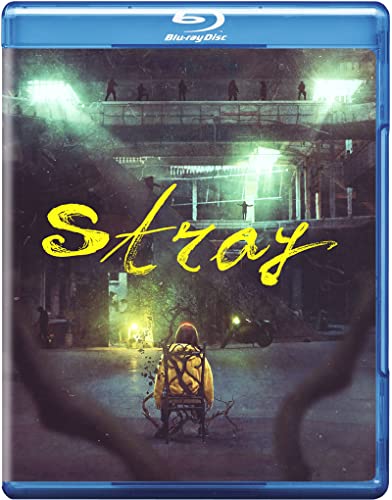 A Blu-ray case for Stray with a person in a wheelchair on a dark street.
