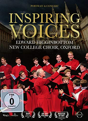 Choir members in red robes with conductor, university building backdrop.