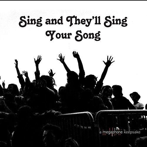 Black and white image of a crowd with raised hands, CD cover.