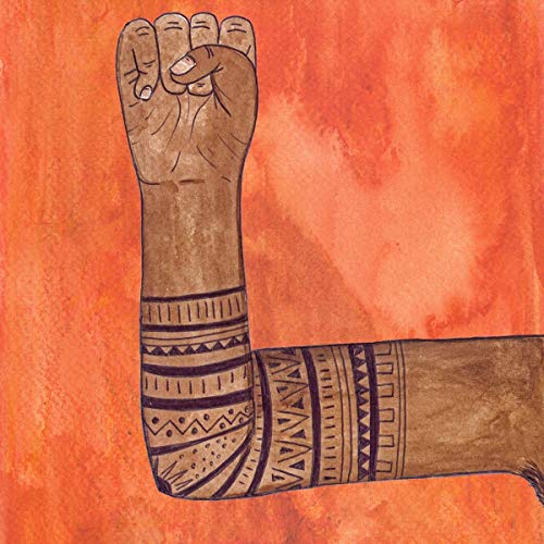 Illustration of a raised fist with patterned arm against an orange background.