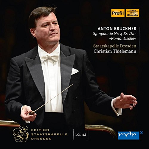Christian Thielemann conducting, album cover for Staatskapelle Dresden’s Bruckner symphony.
