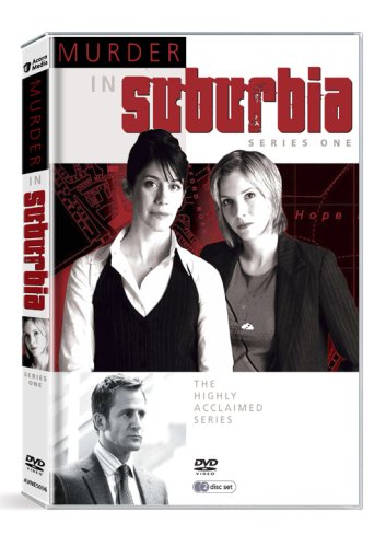DVD cover for “Murder in Suburbia” featuring three actors in grayscale.