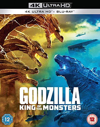 Godzilla and King Ghidorah clash in stormy skies, Blu-ray cover art.