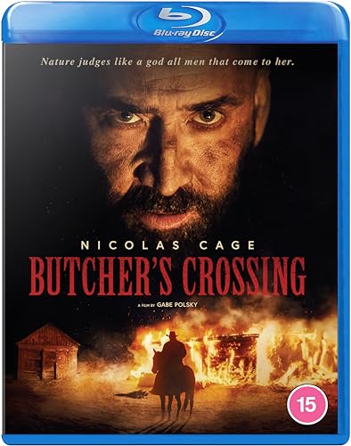Butcher's Crossing" Blu-ray cover featuring Nicolas Cage and a western landscape.