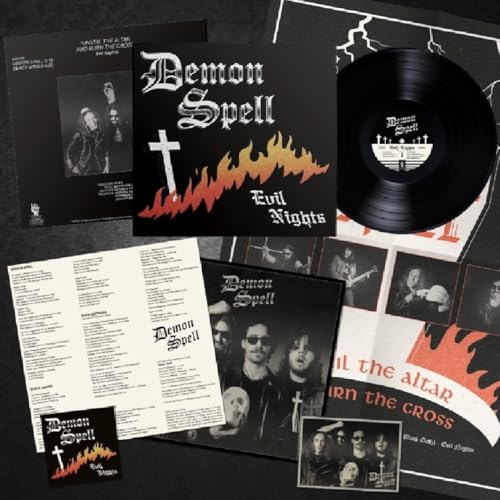 Black vinyl record and accompanying insert artwork for "Demon Spell - Evil Nights.