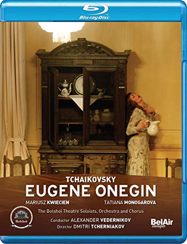 Blu-ray cover for Tchaikovsky’s *Eugene Onegin* opera, featuring a woman and cabinet.